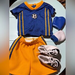 Doll soccer uniform blue yellow with shoes and goalie gloves